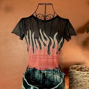 Y2K - Small - Crop Top Netting / Mesh Shirt with Flames